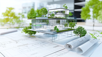 3D renders and plans of an eco friendly modern building, smart-building project