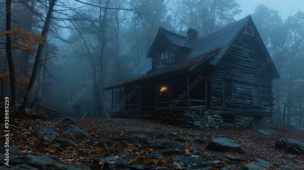 Poster a rustic log cabin illuminated by lantern light in a foggy forest during autumn