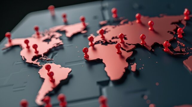 Global map with red nodes indicating cyber attack hotspots, international digital warfare, network vulnerability