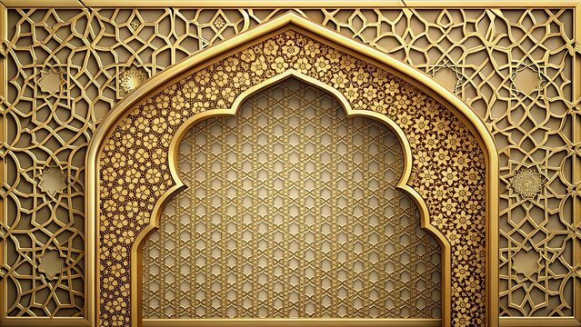 Ornate golden Islamic arch frame with intricate Ramadan Kareem design and Arabic motifs, Islamic, arch, ornate, golden, Ramadan