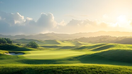Naklejka premium Stunning golf landscape with rolling green hills under a bright sky, perfect for relaxation and outdoor sports.