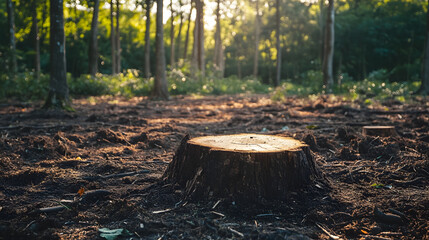 Obraz premium Deforested area with tree stumps. Deforestation and environmental crisis concept