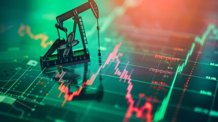 A miniature oil rig is set against colorful stock market graphs, emphasizing the volatility and impact of oil prices on global economic trends.