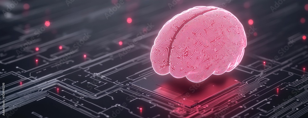 Poster a digital brain navigating a vibrant circuit board landscape with glowing red lights in a futuristic