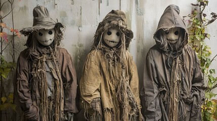 Obraz premium Three eerie scarecrow figures with distinct masks and tattered clothing, captivating the essence of an autumn harvest.