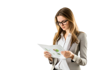 Sustainability Consultant Reviewing Environmental Reports: Professional Analysis of Environmental Impact and Sustainability Models on White Background, High Detail, Perfect for Environmental Consult