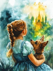 A girl gazes longingly at a colorful city skyline, cradling her dog, embodying friendship and wonder in a magical setting.