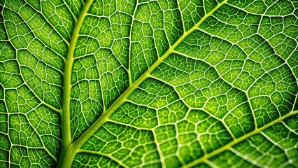 Macro shot of a delicate green leaf's intricate network of veins, showcasing its textured surface and subtle sheen in soft, natural light.
