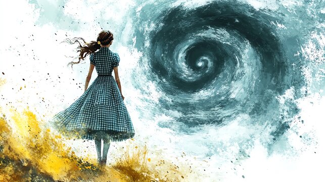 A figure in a blue dress stands before a swirling vortex, capturing a moment of wonder and intrigue in a mysterious landscape.