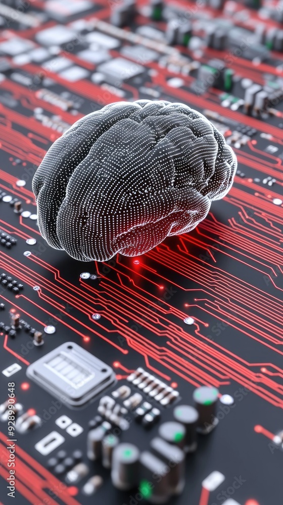 Poster a digital brain navigating a vibrant circuit board landscape with glowing red lights in a futuristic