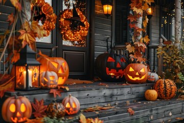 Obraz premium Halloween decorations with carved pumpkins and autumn leaves on a porch creating a festive spooky atmosphere concept