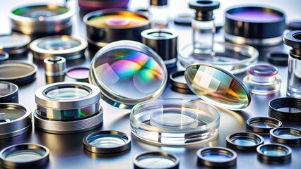 Macro shot of assorted optical components, including lenses, prisms, and mirrors, arranged on a white background with soft focus and subtle shadows.