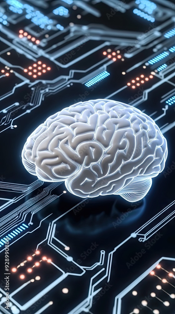 Poster a digital brain navigating a vibrant circuit board landscape with glowing red lights in a futuristic
