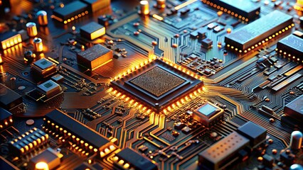 Fototapeta premium Macro shot of multiple layered printed circuit boards with intricate copper circuits, electronics components, and microchips illuminated against a dark background.