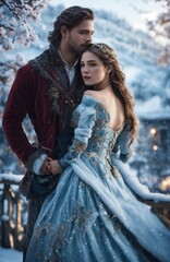 Man and beautiful girl full-length winter fairy tale fantasy realistic photography high detail cinematic stunning hyper-realistic sharp focus high resolution 8k insanely detailed
