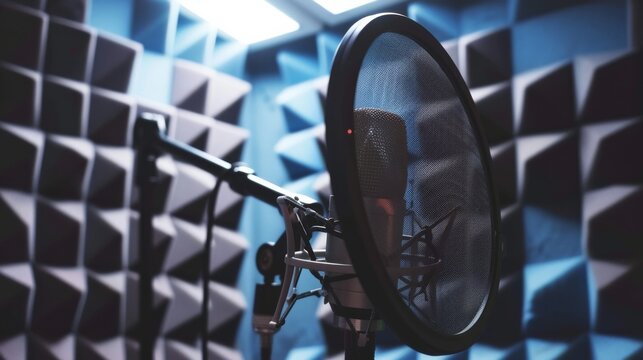 A professional recording microphone in a soundproof studio, ready for podcasting or recording, highlighting the theme of audio production.