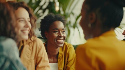 Obraz premium Friends share laughter and joy in a warm, cozy setting, their smiles reflecting genuine happiness and connection.