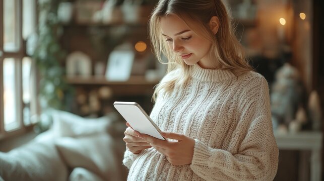 Pregnant woman holding tablet in warm, cozy living room. - Powered by Adobe