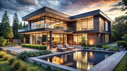 Obraz premium Magnificent modern luxury house with sleek lines, floor-to-ceiling windows, and lavish outdoor spaces, perfectly blending sophistication and elegance in a serene natural setting.