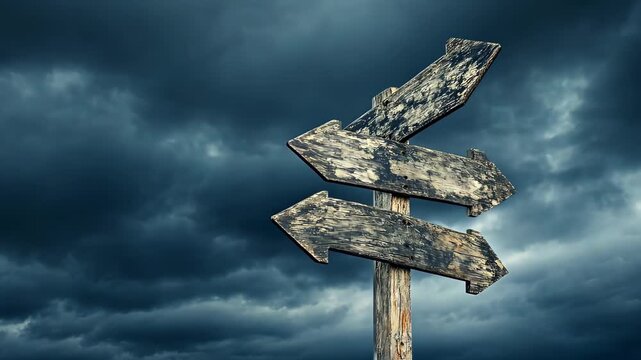Old wooden signpost slowly moving with dramatic clouds in background