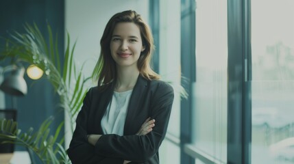 Fototapeta premium A confident woman, standing with her arms crossed in front of a large office window, exuding professionalism and determination.