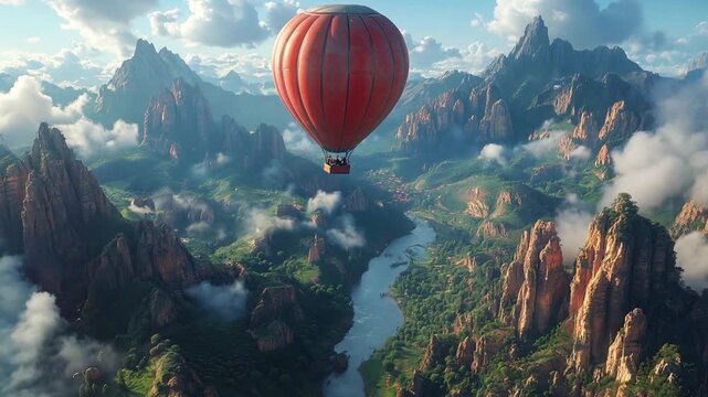 A vibrant hot air balloon drifts over stunning mountains, rivers, and valleys on a clear day, showcasing nature's beauty from above.