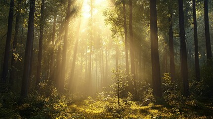 Fototapeta premium Golden Light Through the Trees: A mesmerizing view of sunlight streaming through a dense forest, illuminating the woodland path with a warm, ethereal glow.