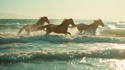 Three horses running through the ocean waves at sunrise, capturing the essence of untamed beauty and freedom.