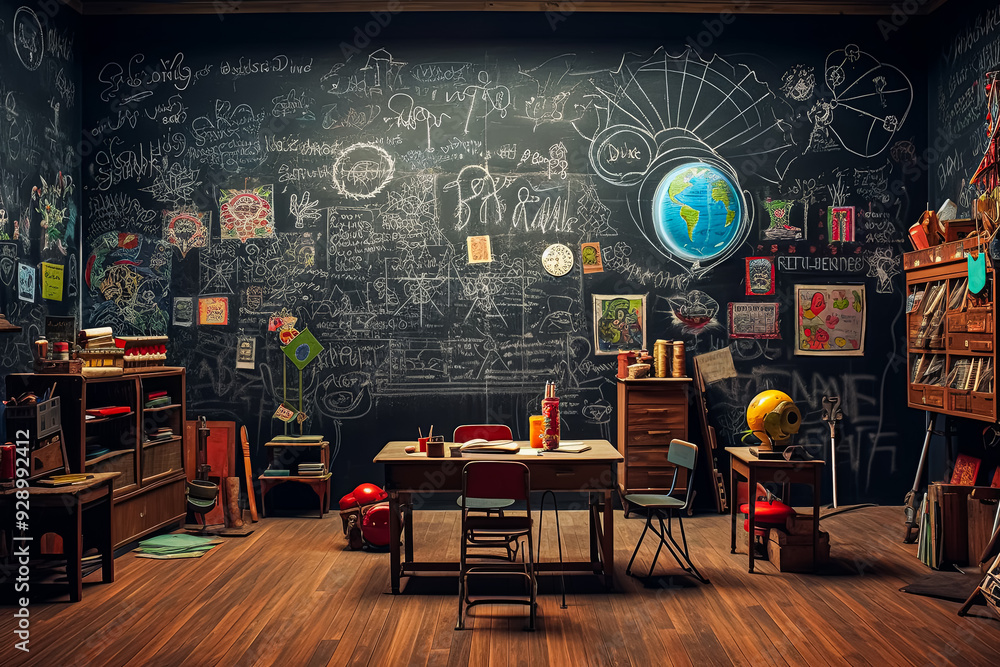 Poster a chalkboard classroom with a globe and a few other items. the chalkboard is full of writing and dia