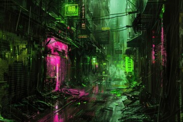 Fototapeta premium A vibrant city street at night with colorful neon lights illuminating the buildings