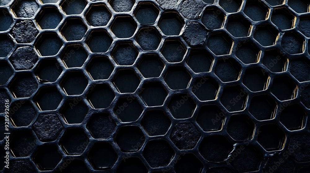 Poster close-up of a dark metallic hexagon pattern