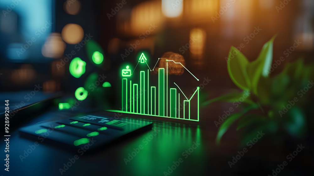 Poster a glowing green financial graph on a desk with modern elements representing growth and technology in