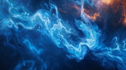 Swirling blue and orange cosmic clouds in deep space with distant stars