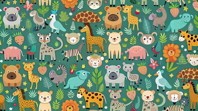 Fototapeta Seamless pattern featuring various animals in a repetitive design, wildlife, cute, background, texture, repeat, jungle, safari, zoo