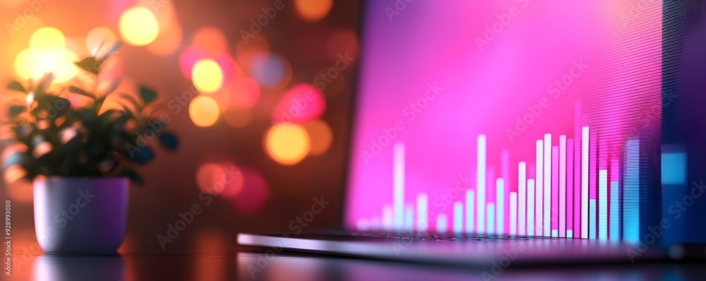 Poster a vibrant background features a laptop displaying colorful data visuals alongside a small plant, per