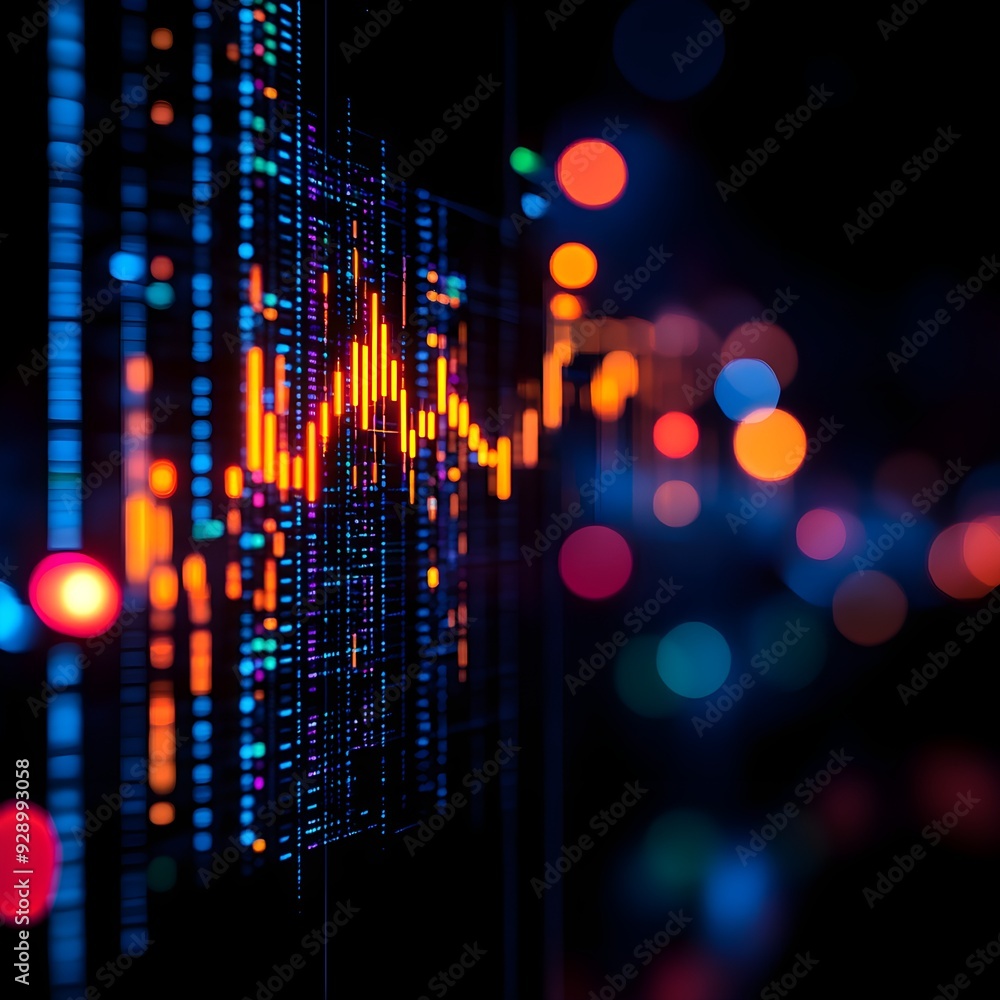 Poster a vibrant digital visualization showcasing colorful data patterns on a dark background, ideal for te