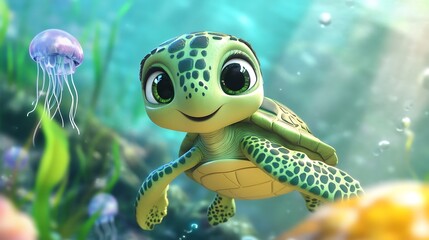 Curious Green Sea Turtle Cartoon Character Amid Exotic Seaweed and Playful Jellyfish in Enchanting Underwater Adventure - Animated Film Inspired Legend with Semi-Gloss Finish
