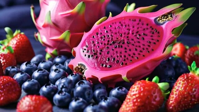 Close-up of dragon fruit, strawberries, and blueberries