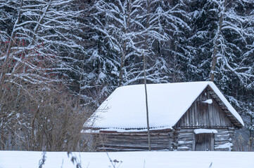 A small old log house in the middle of a snowy winter field. There are snow-covered trees behind...