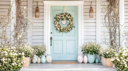 Fototapeta premium Easter Porch Decor: A charming blue front door adorned with a floral wreath and a heart-shaped embellishment, flanked by lanterns and planters brimming with white blossoms.