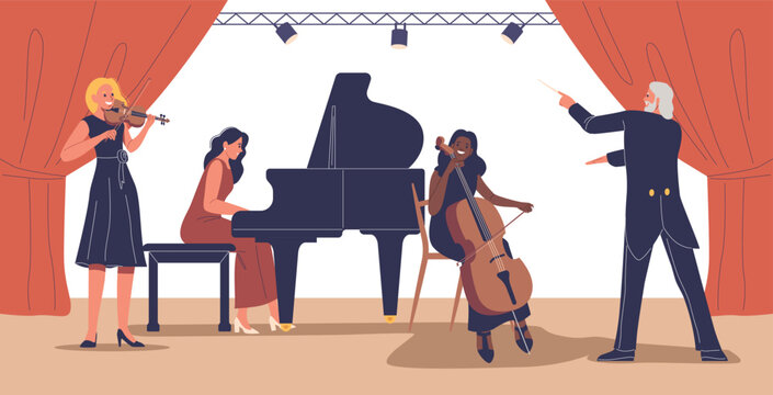 Symphony Orchestra Performing With Musicians Playing Violin, Piano, And Cello. Conductor Leading The Ensemble