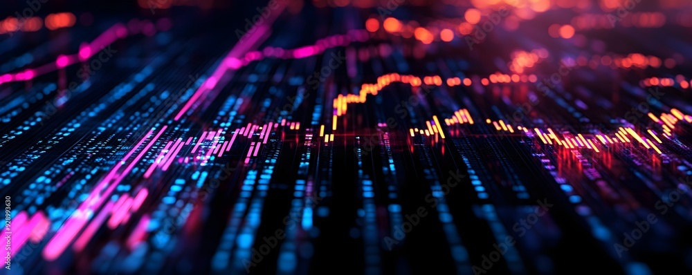 Poster dynamic digital data visualization with vibrant colors illustrating market trends and fluctuations i