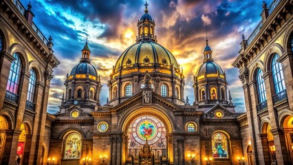 Obraz premium Majestic Catholic basilica with ornate dome, intricate stone carvings, and stunning stained-glass windows, symbolizing spiritual grandeur and architectural excellence.
