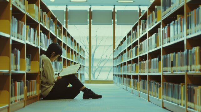 A lone reader sits on the floor between library shelves, fully engrossed in a book, highlighting the serene and focused atmosphere of the library.