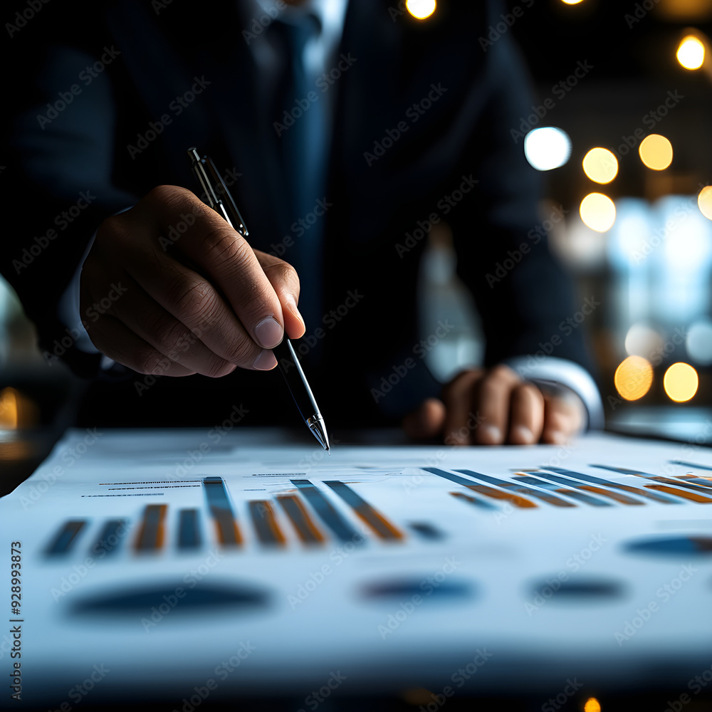Poster a business professional analyzing charts and graphs on a document, highlighting important data point