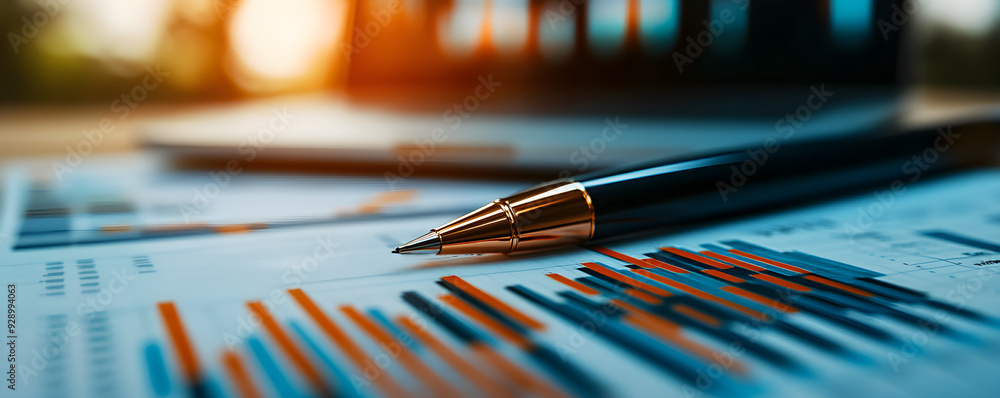Poster a close-up of a pen resting on a report with colorful charts, symbolizing analysis, productivity, an