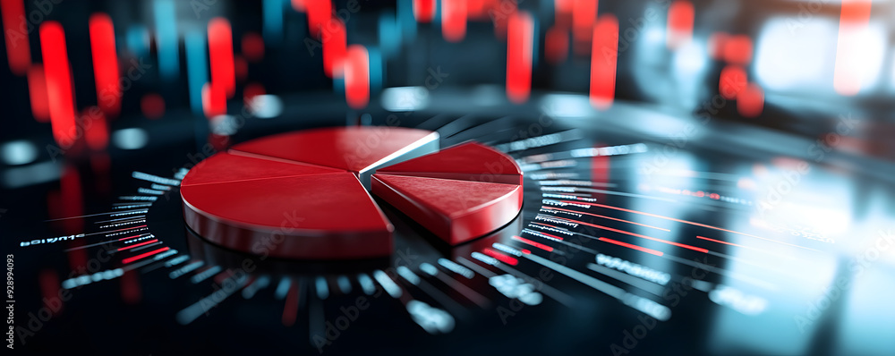 Poster a close-up of a red pie chart on a digital screen, showcasing data trends and statistical analysis i