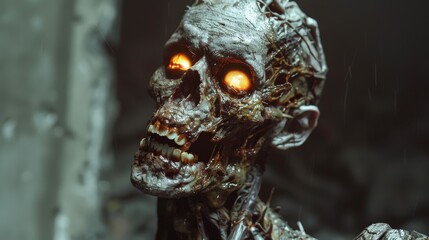 Fototapeta premium A frightening undead skeleton-like figure with glowing orange eyes and decayed flesh in a dim environment.