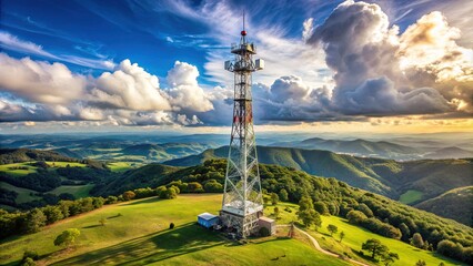 Majestic communications tower stands tall amidst serene rolling hills, its latticework structure and antennae stretching towards a bright blue sky with puffy white clouds.
