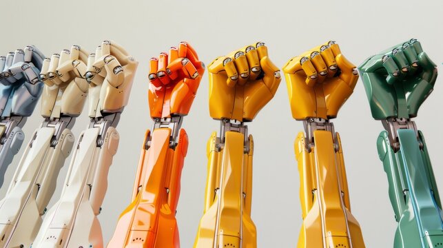 Vibrantly colored robotic arms raise their fists in unison, symbolizing technological advancement and unity across a rainbow of metallic hues. - Powered by Adobe